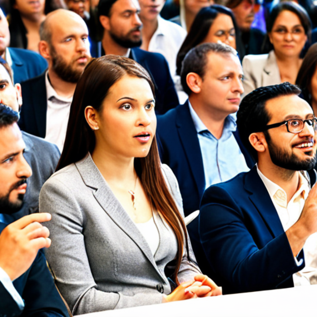 **Audience Engagement**: Create an image of a diverse group of people in a conference setting, actively engaging with a speaker. The audience is seen asking questions and sharing their opinions, creating a dynamic atmosphere of interaction.