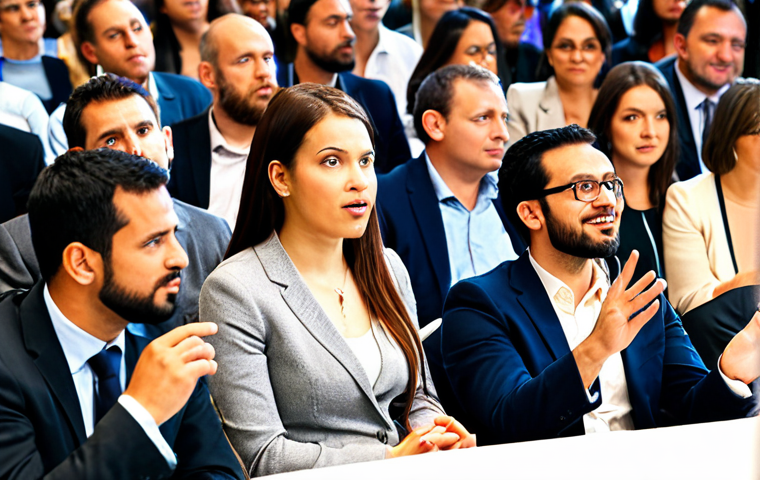 **Audience Engagement**: Create an image of a diverse group of people in a conference setting, actively engaging with a speaker. The audience is seen asking questions and sharing their opinions, creating a dynamic atmosphere of interaction.