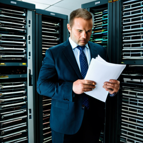 A professional male executive, mid-30s, in a modest business suit, stands in a cluttered, dimly lit server room filled with bulky, outdated server racks. He holds a stack of physical documents, appearing stressed and overwhelmed by the sheer volume. The environment emphasizes limited capacity and manual data handling. Perfect anatomy, correct proportions, natural pose, well-formed hands, proper finger count, natural body proportions, fully clothed, appropriate attire, safe for work, professional, appropriate content, family-friendly, high-quality, professional photography.