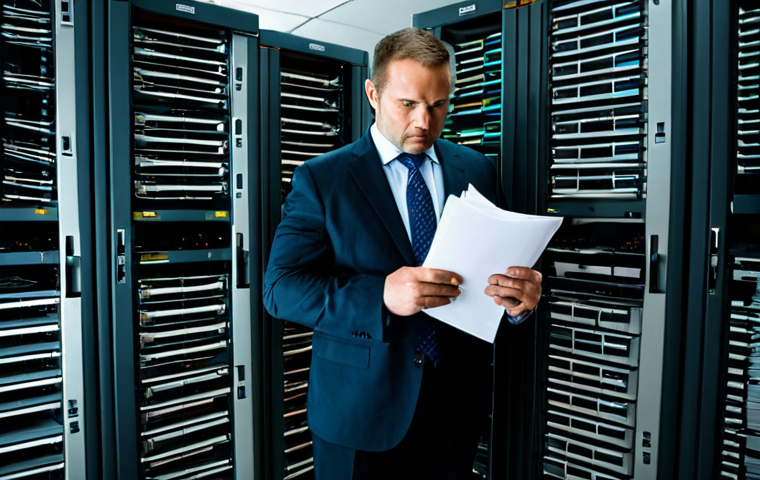 A professional male executive, mid-30s, in a modest business suit, stands in a cluttered, dimly lit server room filled with bulky, outdated server racks. He holds a stack of physical documents, appearing stressed and overwhelmed by the sheer volume. The environment emphasizes limited capacity and manual data handling. Perfect anatomy, correct proportions, natural pose, well-formed hands, proper finger count, natural body proportions, fully clothed, appropriate attire, safe for work, professional, appropriate content, family-friendly, high-quality, professional photography.