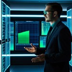 A focused data analyst, appearing as a person in their mid-30s, dressed in a sleek, modern business casual outfit. They stand in front of an expansive, semi-transparent holographic display showcasing complex, abstract data visualizations in shades of blue and green. The background is a sophisticated, dimly lit data server room with racks of glowing servers, creating a sense of technological scale. The analyst gestures subtly towards the data, a look of deep concentration on their face, as if discerning a hidden pattern, with light from the display casting a soft glow. Cinematic lighting, high-resolution, sharp focus, professional photography, realistic rendering, perfect anatomy, correct proportions, natural pose, well-formed hands, proper finger count, natural body proportions, safe for work, appropriate content, fully clothed, professional, modest clothing.