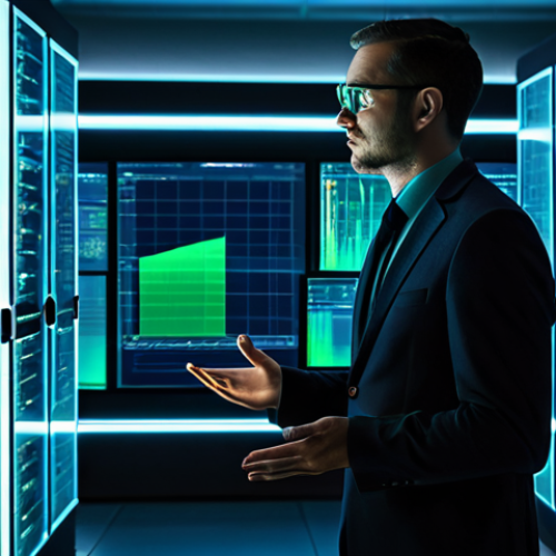 A focused data analyst, appearing as a person in their mid-30s, dressed in a sleek, modern business casual outfit. They stand in front of an expansive, semi-transparent holographic display showcasing complex, abstract data visualizations in shades of blue and green. The background is a sophisticated, dimly lit data server room with racks of glowing servers, creating a sense of technological scale. The analyst gestures subtly towards the data, a look of deep concentration on their face, as if discerning a hidden pattern, with light from the display casting a soft glow. Cinematic lighting, high-resolution, sharp focus, professional photography, realistic rendering, perfect anatomy, correct proportions, natural pose, well-formed hands, proper finger count, natural body proportions, safe for work, appropriate content, fully clothed, professional, modest clothing.