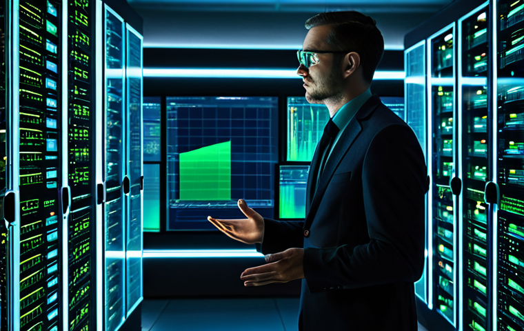 A focused data analyst, appearing as a person in their mid-30s, dressed in a sleek, modern business casual outfit. They stand in front of an expansive, semi-transparent holographic display showcasing complex, abstract data visualizations in shades of blue and green. The background is a sophisticated, dimly lit data server room with racks of glowing servers, creating a sense of technological scale. The analyst gestures subtly towards the data, a look of deep concentration on their face, as if discerning a hidden pattern, with light from the display casting a soft glow. Cinematic lighting, high-resolution, sharp focus, professional photography, realistic rendering, perfect anatomy, correct proportions, natural pose, well-formed hands, proper finger count, natural body proportions, safe for work, appropriate content, fully clothed, professional, modest clothing.