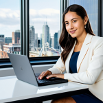 **

"A professional businesswoman in a modest, tailored blazer and skirt, sitting confidently at a desk in a bright, modern office with large windows overlooking a cityscape. She is working on a laptop. Safe for work, appropriate content, fully clothed, professional attire, perfect anatomy, natural proportions, professional photography, high quality, family-friendly."

**