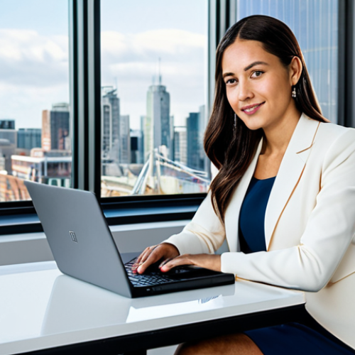 **

"A professional businesswoman in a modest, tailored blazer and skirt, sitting confidently at a desk in a bright, modern office with large windows overlooking a cityscape. She is working on a laptop. Safe for work, appropriate content, fully clothed, professional attire, perfect anatomy, natural proportions, professional photography, high quality, family-friendly."

**