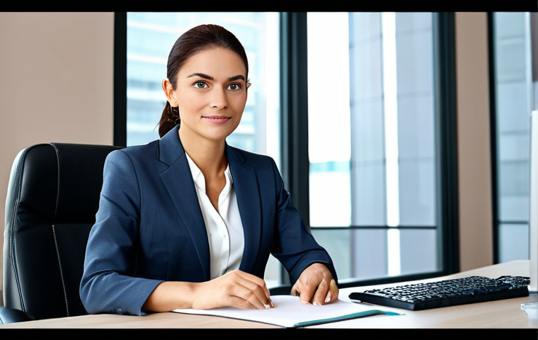 빅데이터 실무에서 데이터 소스 다변화 전략 - Professional Environment**
A professional businesswoman in a modest business suit, sitting at a des...