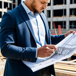 빅데이터 실무에서 데이터 전송 성공 사례 - A professional architect in a fully clothed, modest business attire, reviewing blueprints on a const...