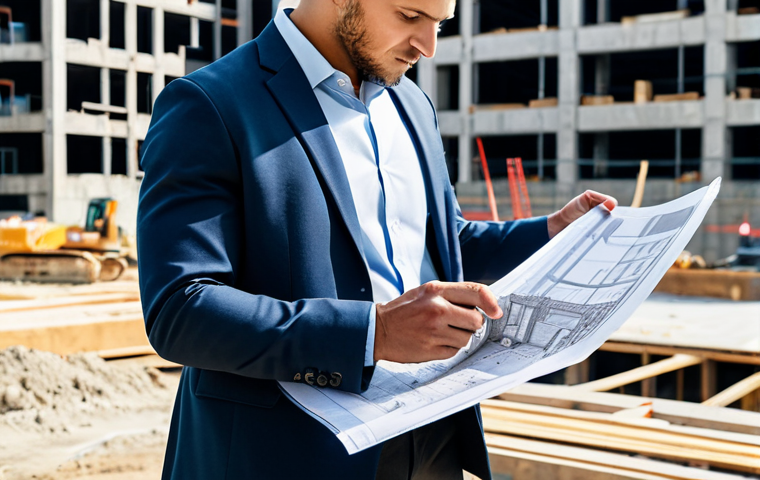 빅데이터 실무에서 데이터 전송 성공 사례 - A professional architect in a fully clothed, modest business attire, reviewing blueprints on a const...
