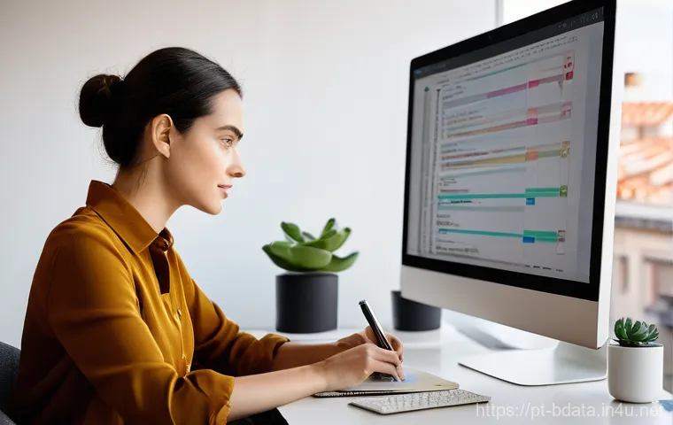 빅데이터 기술자의 워라밸 유지 방법 - **Prompt:** A focused and organized female Big Data professional in her late 20s to early 30s, sitti...