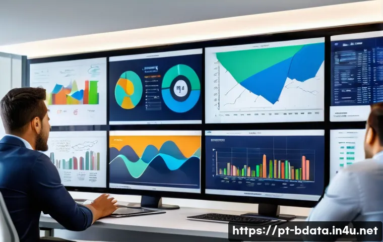 빅데이터 기술자의 분석 기법 개선 사례 - A modern Brazilian office environment with diverse professionals analyzing big data dashboards on la...