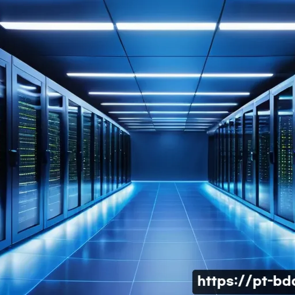 빅데이터 실무에서의 대규모 데이터 처리 방법 - A modern, high-tech data center with rows of sleek servers and glowing LED lights, showcasing a dist...