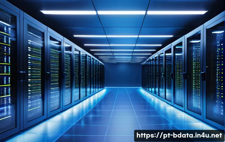 빅데이터 실무에서의 대규모 데이터 처리 방법 - A modern, high-tech data center with rows of sleek servers and glowing LED lights, showcasing a dist...