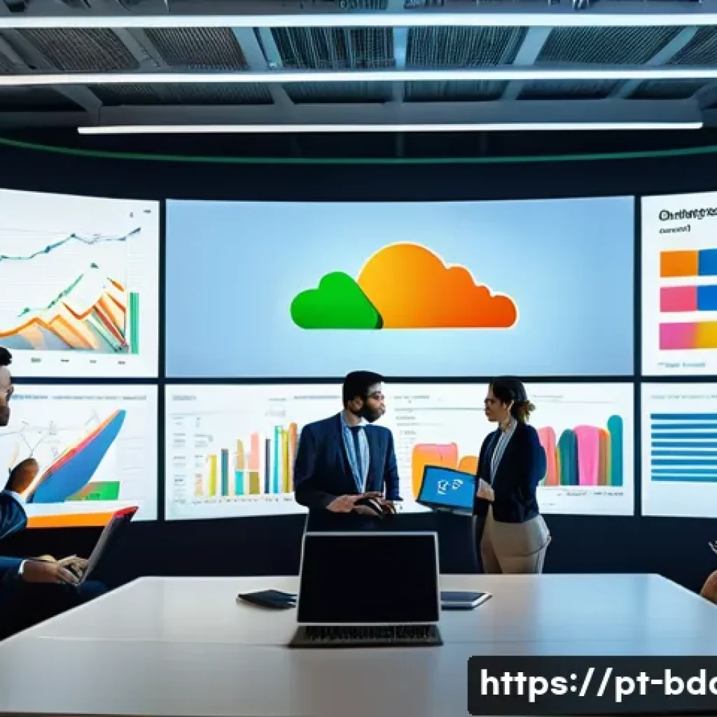 빅데이터 기술자와 데이터 트랜스포메이션 사례 - A modern corporate office setting with a diverse team of Brazilian professionals collaborating aroun...