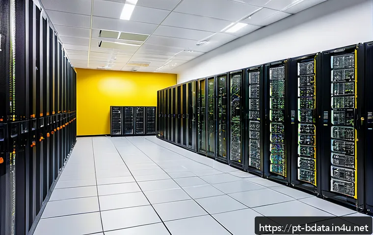 빅데이터 실습 환경 구성 방법 - A modern Brazilian data center room with rows of high-performance on-premise servers featuring multi...