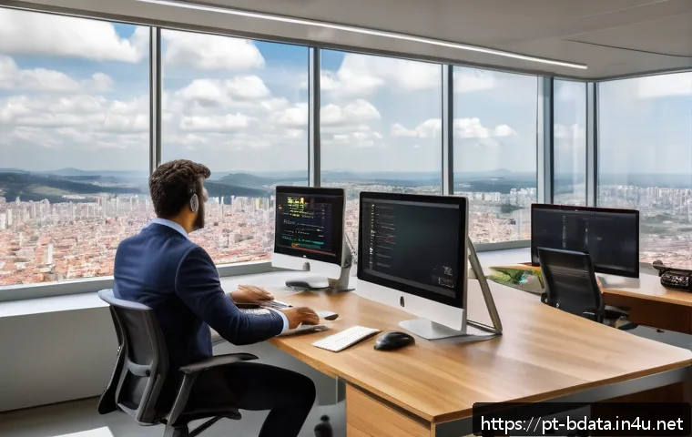 빅데이터와 인공지능의 차이 - A modern Brazilian office environment where diverse professionals analyze large digital dashboards f...