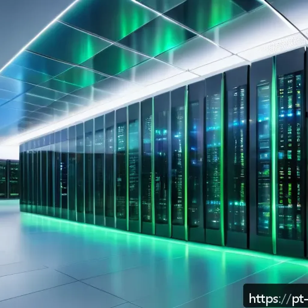 빅데이터 기술자의 데이터베이스 선택 기준 - A futuristic data center interior with sleek rows of servers glowing softly in blue and green hues, ...