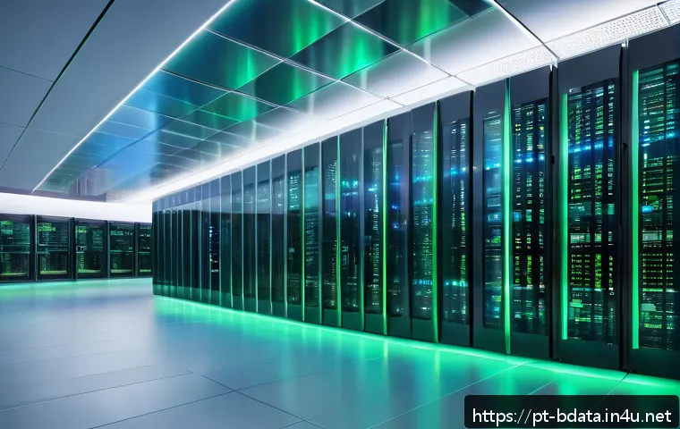 빅데이터 기술자의 데이터베이스 선택 기준 - A futuristic data center interior with sleek rows of servers glowing softly in blue and green hues, ...