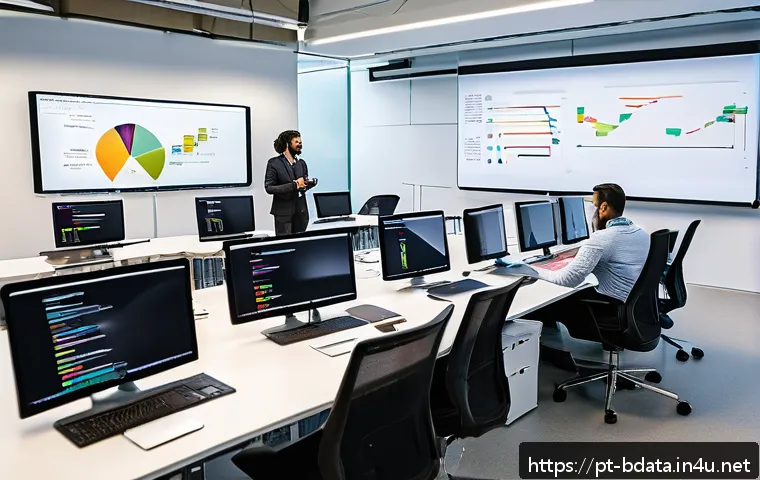 빅데이터 기술자의 프로젝트 관리 스킬 - A modern agile Big Data project team in a bright, collaborative office setting, featuring diverse pr...