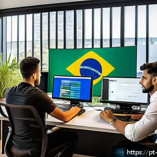 빅데이터 기술자의 경력 관리 노하우 - A modern office setting with a diverse group of young Brazilian professionals collaborating on Big D...