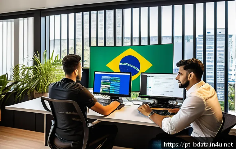 빅데이터 기술자의 경력 관리 노하우 - A modern office setting with a diverse group of young Brazilian professionals collaborating on Big D...