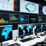 빅데이터 이직 인터뷰 질문 - A modern office environment with diverse professionals collaborating around large digital screens di...
