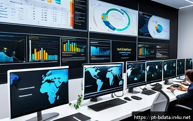 빅데이터 이직 인터뷰 질문 - A modern office environment with diverse professionals collaborating around large digital screens di...