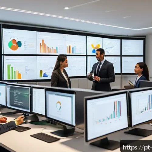 빅데이터와 비즈니스 혁신 전략 - A modern Brazilian corporate office scene showing a diverse team of professionals from CEO to operat...