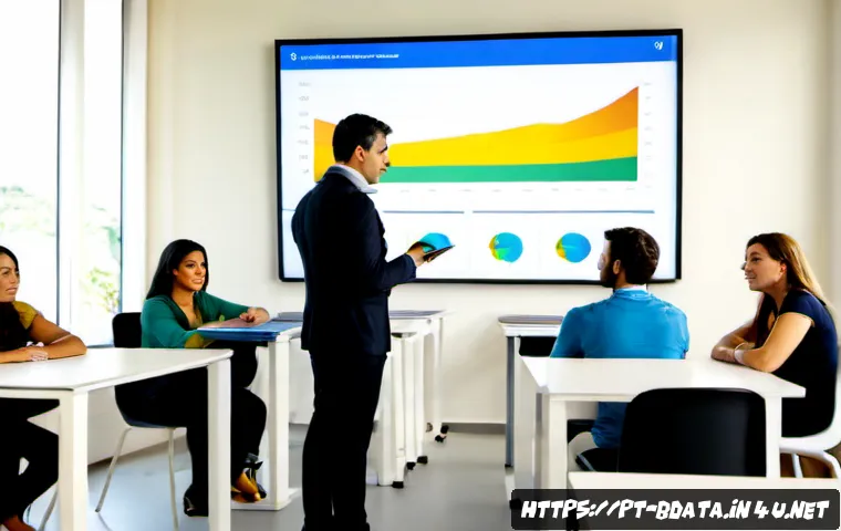 Home 17 빅데이터 기술자와 교육 프로그램 활용 사례 - Photorealistic big data specialist mentoring a diverse group of adult learners in a modern Brazilian...