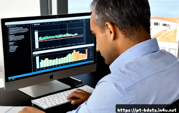 Home 31 빅데이터 실무에서 활용하는 로그 분석 방법 - Photorealistic data analyst in a modern Lisbon office, studying log event patterns on two large moni...