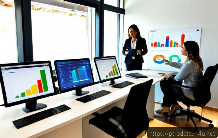 Home 30 빅데이터 실무에서의 데이터 기반 의사결정 - Photorealistic business analytics scene in a modern Lisbon office, a diverse Portuguese data team ga...